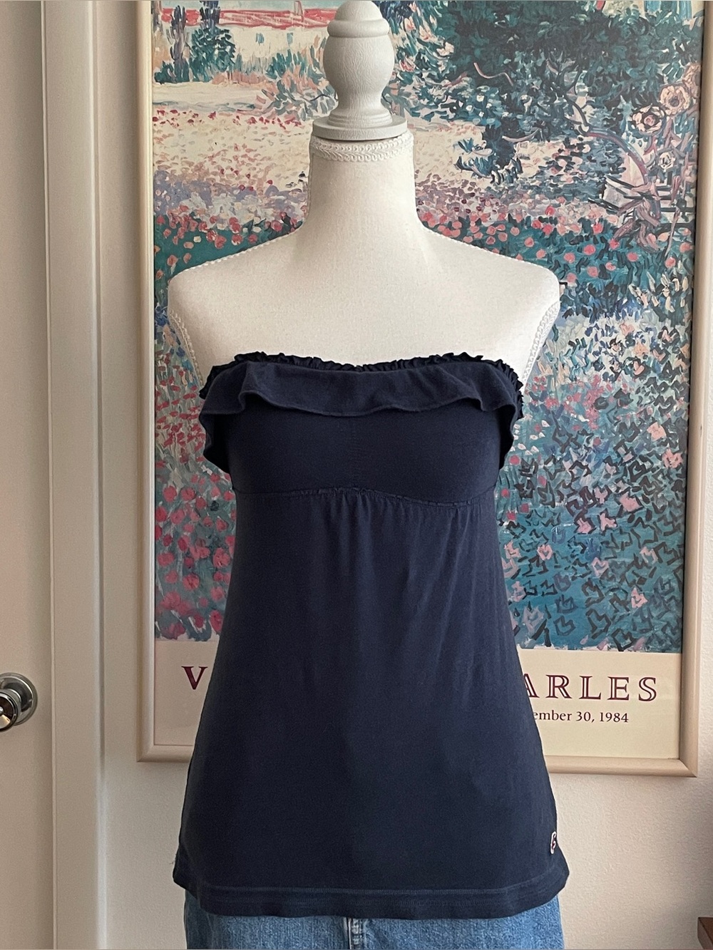 Vintage Y2K Hollister Ruffle Tube Top Strapless XS Navy Blue Girl Next Door Surf